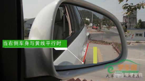 8,观察右侧后视镜,当右侧车身与黄线平行时,踩刹车停车.