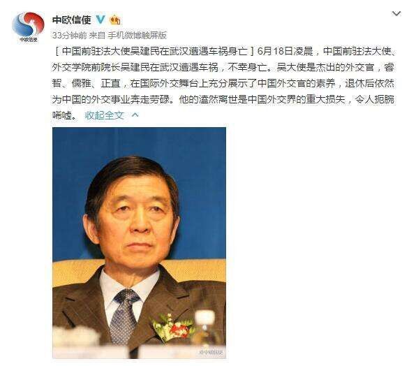中国前驻法国大使吴建民在武汉遇车祸去世