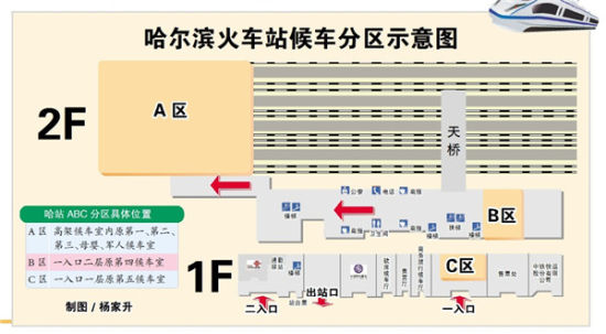 哈站候车厅划分abc三区 票面印候车区和检票口