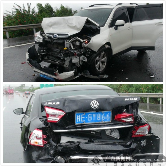 钦州:雨天路滑车距不足 女司机驾suv追尾轿车