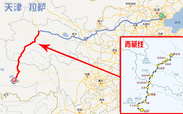 天津到拉萨走青藏线路图