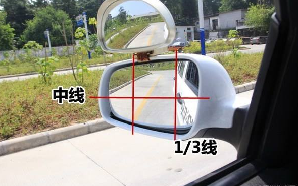 视镜中看见车身占1/4~1/3,科三车把手在地平线上,科二可观察到后轮