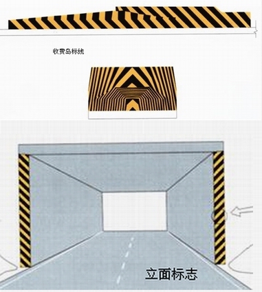 收费岛头标线的颜色为黄黑相间的斜线,线宽各15cm,由岛头中间以45°