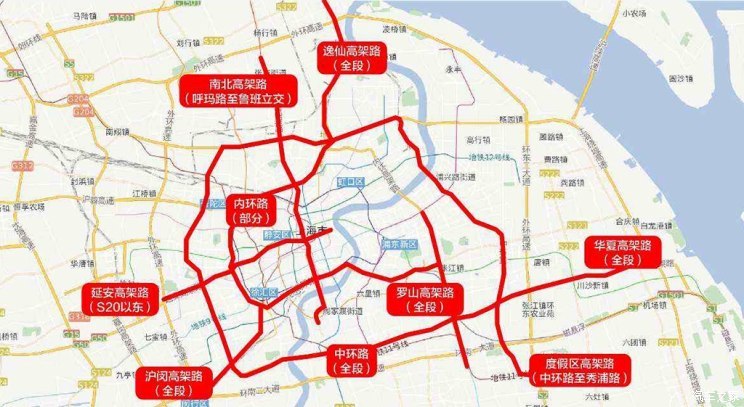 沪闵高架路(全线),中环路(全线),华夏高架路(全线),罗山高架路(全线)