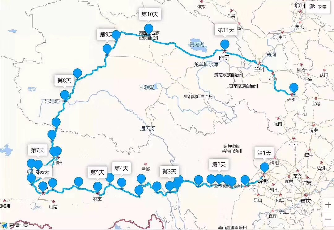 的路线:从成都出发,川藏南线转青藏线,总行程约5533km,途径泸定,康定